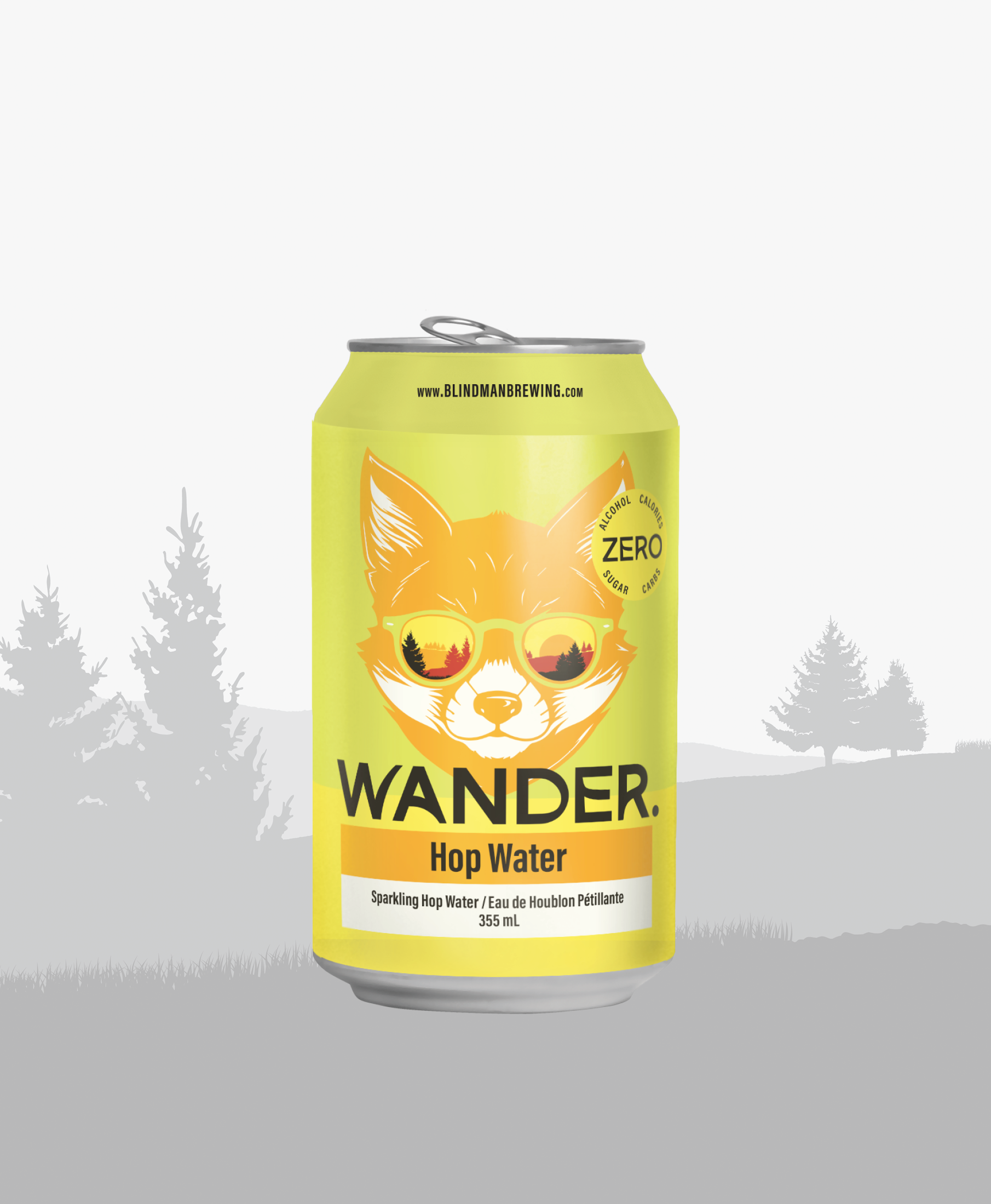 Can of Wander Hop water on a background of light grey trees